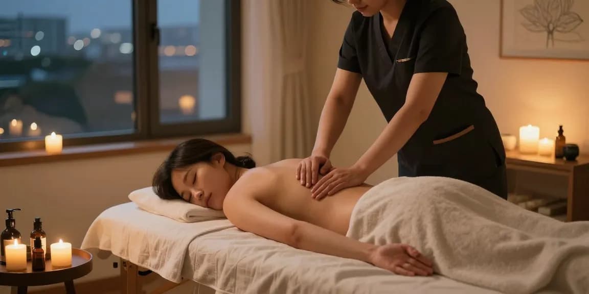 신촌출장마사지 in a serene home setting, showcasing a professional therapist providing a calming massage experience.
