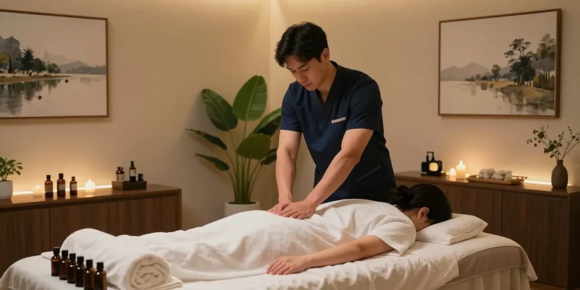 부산마사지 전문가가 고급 마사지실에서 고객에게 편안한 마사지를 제공하는 모습