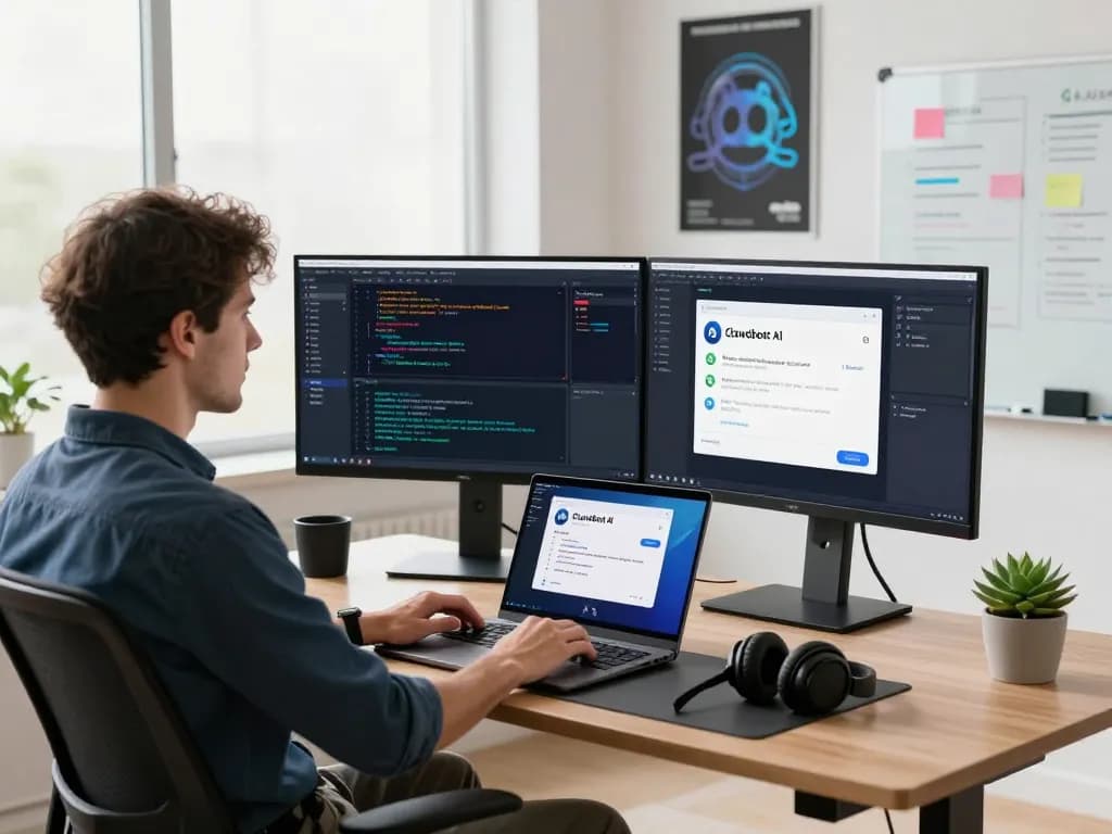Developer using Clawdbot AI on multiple screens in a modern workspace, showcasing productivity tools and coding applications.
