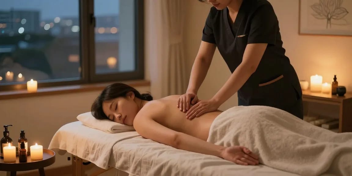 신촌출장마사지 in a serene home setting, showcasing a professional therapist providing a calming massage experience.