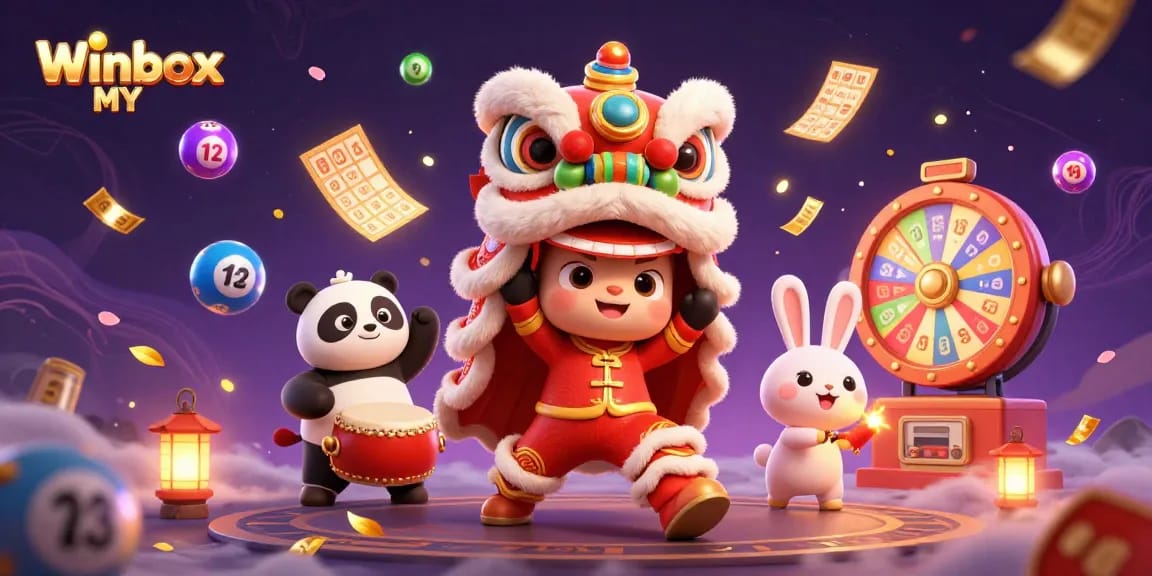 Experience the thrill of Winbox MY with dynamic lottery elements and festive characters celebrating luck.
