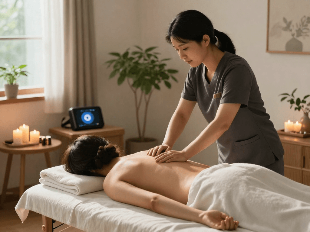 양천구출장안마 service in a calming home setting, featuring a therapist providing relaxation.