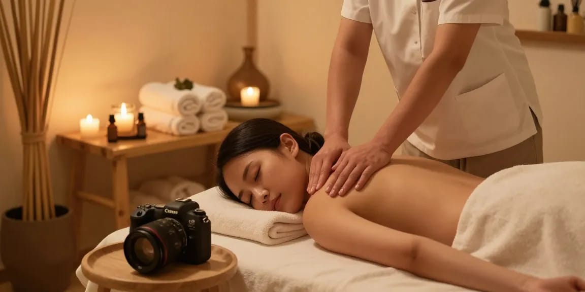 강남마사지 전문가가 따뜻한 조명 아래에서 고객에게 휴식을 주는 마사지 중인 모습
