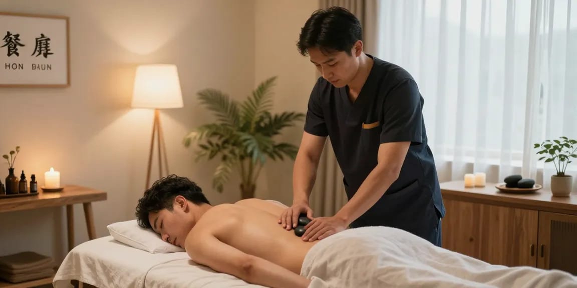 전주마사지로 편안한 마사지실과 남성 관리사가 준비하는 장면