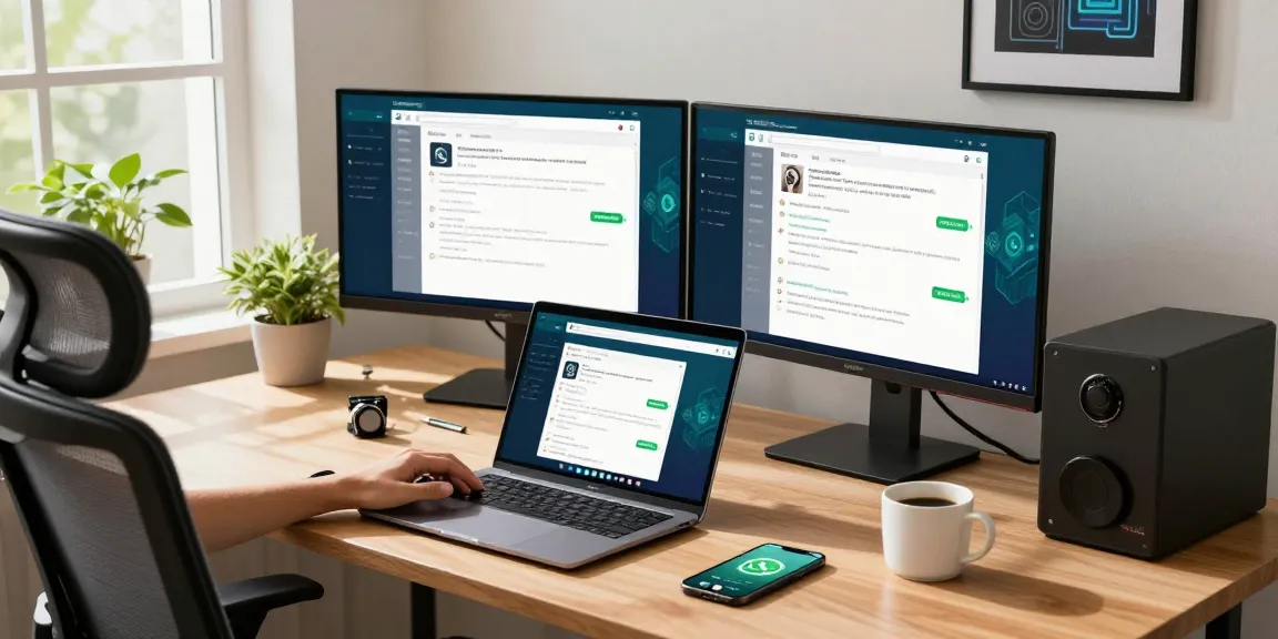 Using WhatsApp網頁版 on a laptop in a modern workspace with dual monitors and coffee.