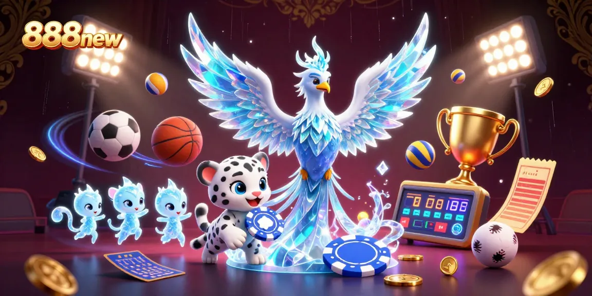 Experience thrilling games at 888new with a vibrant 3D illustration featuring a lively casino scene.