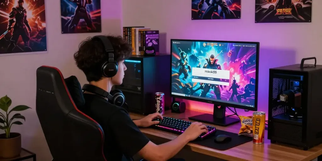 rokok88 login screen on gamer’s monitor in a cozy gaming setup.