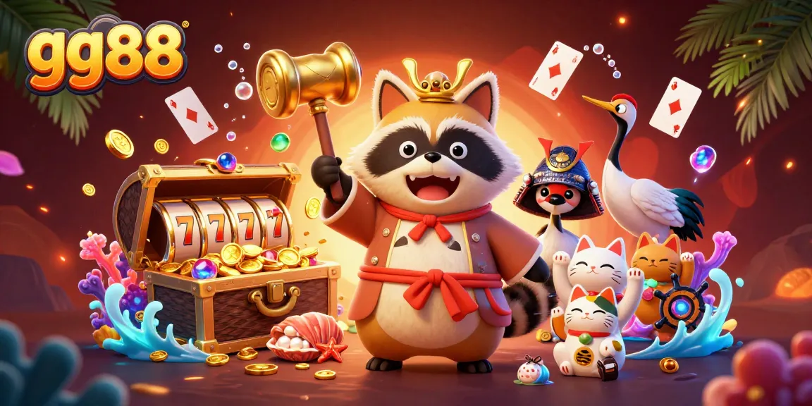 Spin lucky jackpots with gg88 as the cheerful tanuki welcomes players in a vibrant casino scene.