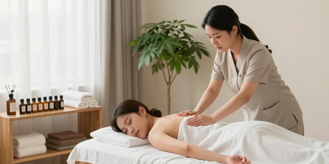 용인출장마사지 중인 고객이 편안한 분위기에서 전문 관리사에게 서비스를 받고 있는 모습.