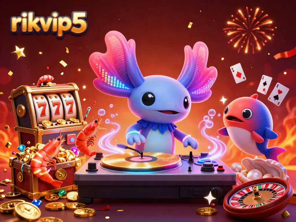 Experience the vibrancy of rikvip5 with a neon axolotl DJ and glowing game elements.