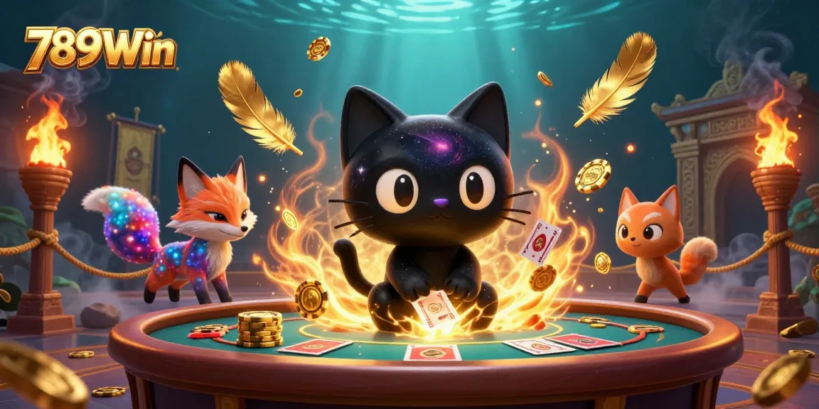 Engaging scene with 789Win's black hole cat and nebula fox creating excitement at a cosmic casino table