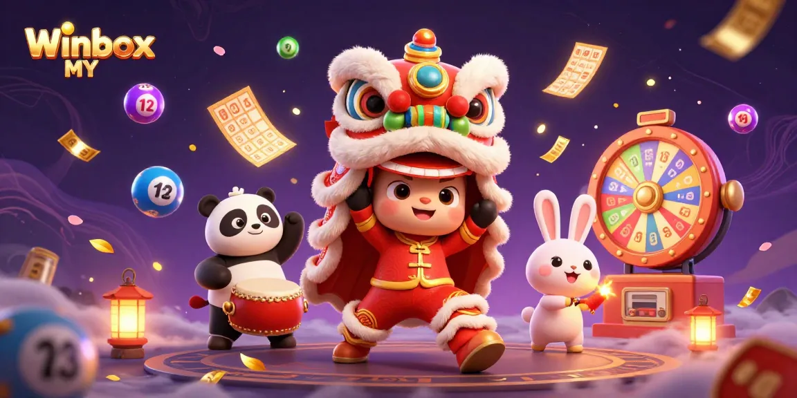 Experience the thrill of Winbox MY with dynamic lottery elements and festive characters celebrating luck.