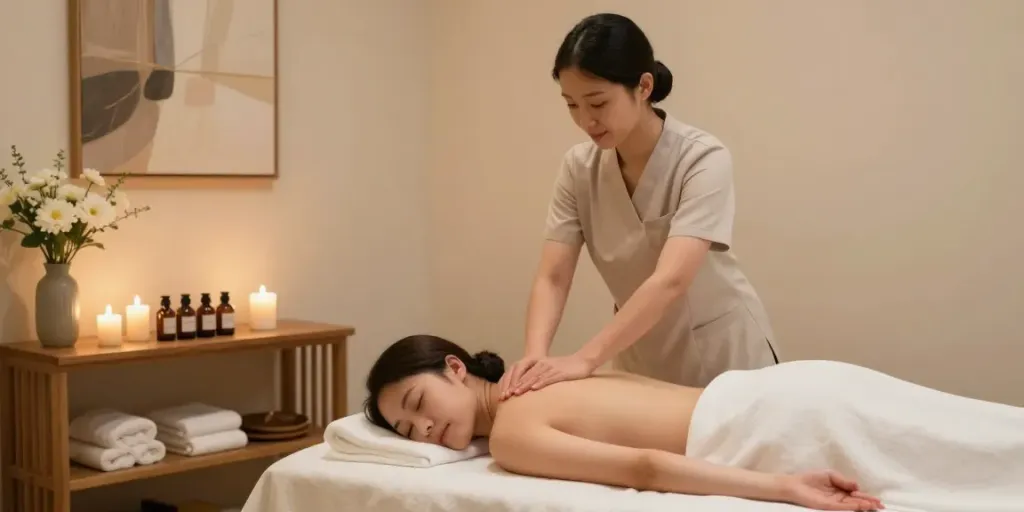 구리출장안마 전문가가 고객에게 편안한 마사지를 제공하는 스파 환경