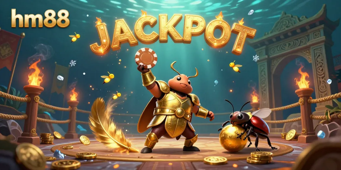 Experience the thrill of jackpot success with hm88 featuring a heroic beetle in a dynamic casino scene.