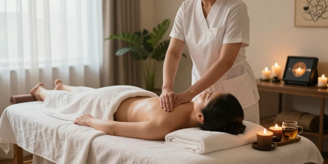 수원출장마사지 in a calming spa setting with a professional masseuse and soothing decor.