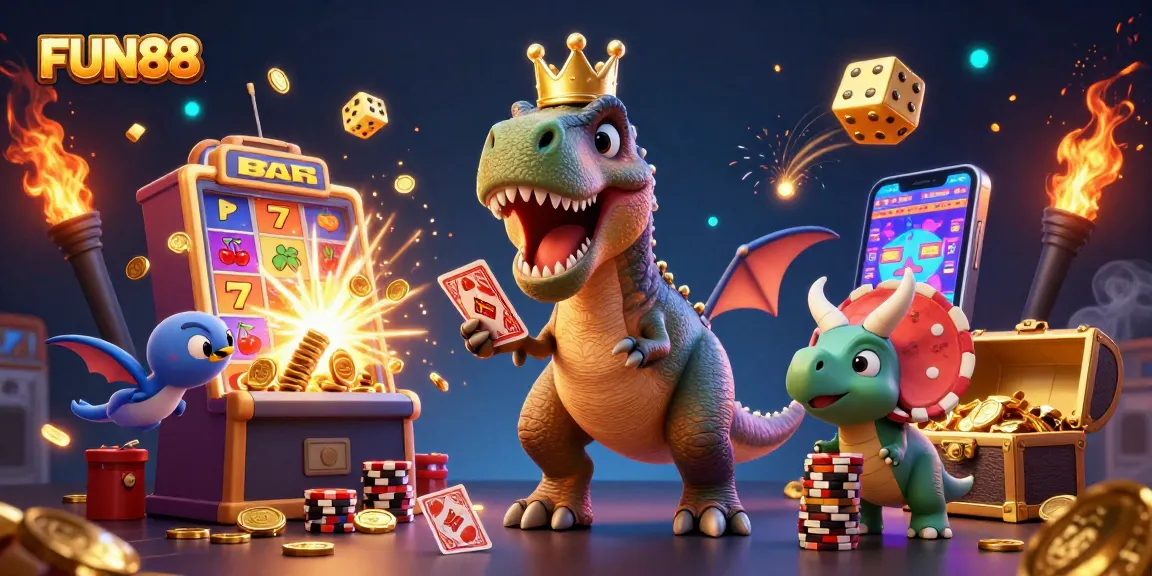 Play FUN88 with friendly dinosaurs shuffling cards and stacking chips in a vibrant casino scene.