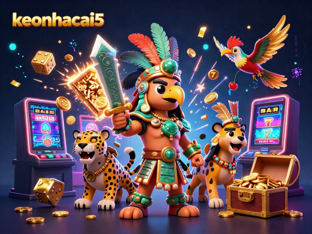 Experience the thrill of keonhacai5 as the Aztec warrior and jaguar companion celebrate a jackpot burst!