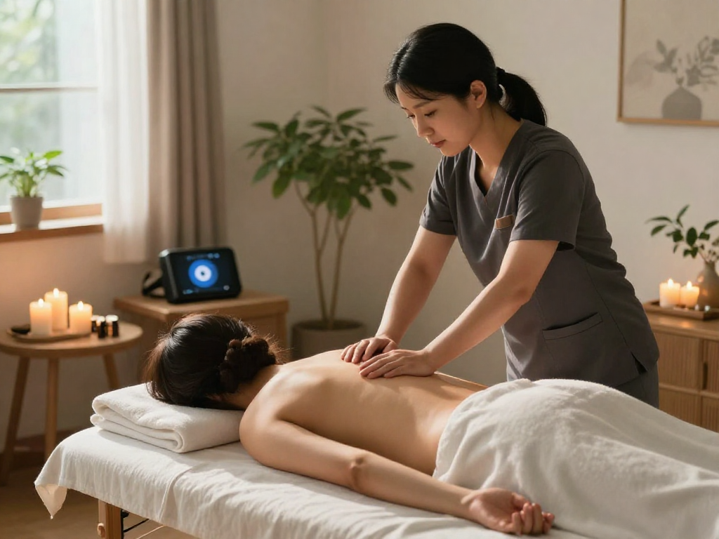 양천구출장안마 service in a calming home setting, featuring a therapist providing relaxation.