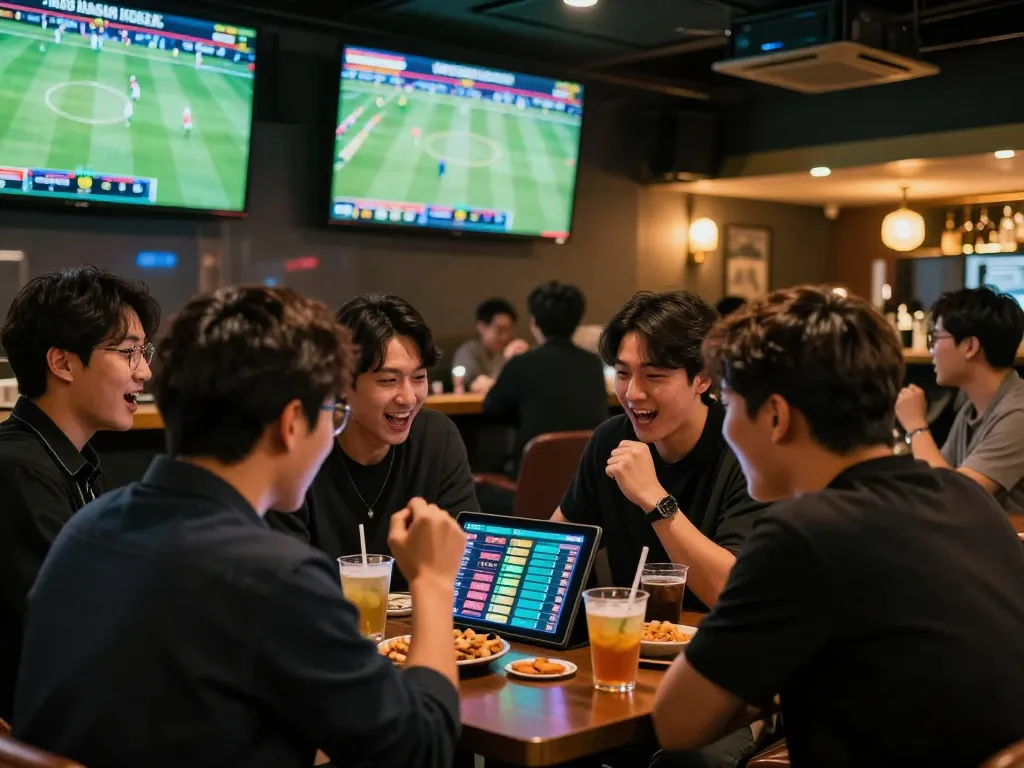 M88 맨션 코리아 스포츠 베팅의 흥미를 친구들과 함께 분석하는 활기찬 라운지에서의 장면.