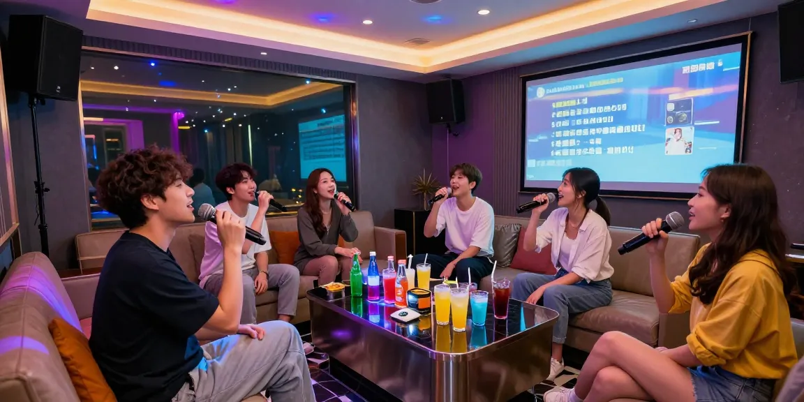 강남가라오케에서 친구들과 함께 노래를 부르며 즐거운 시간을 보내는 모습입니다.