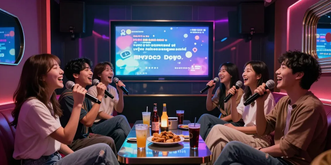 강남가라오케에서 친구들과 함께 즐거운 노래를 부르는 장면, 화려한 조명과 아늑한 좌석이 어우러진 공간
