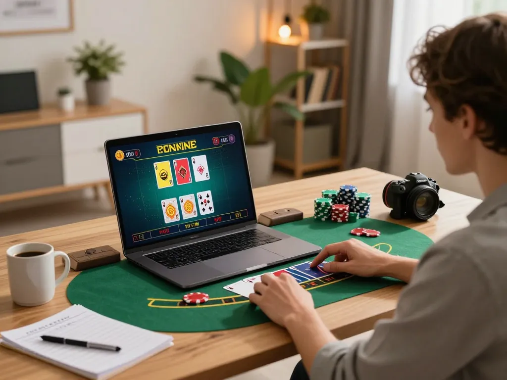 cm88 player engaging in an immersive live dealer blackjack game on a stylish desk at home