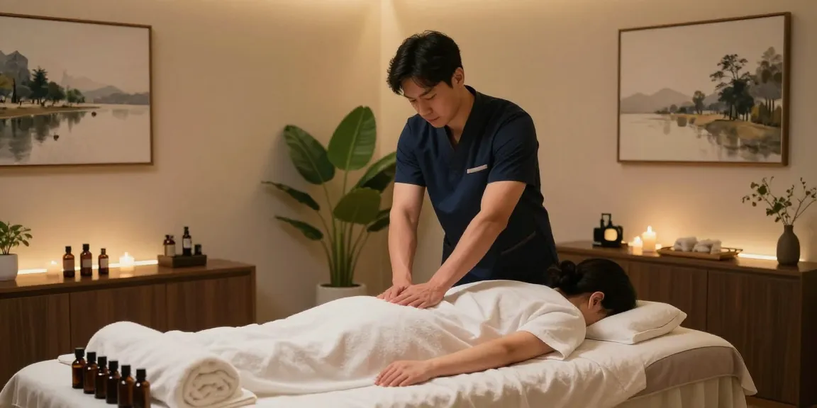 부산마사지 전문가가 고급 마사지실에서 고객에게 편안한 마사지를 제공하는 모습
