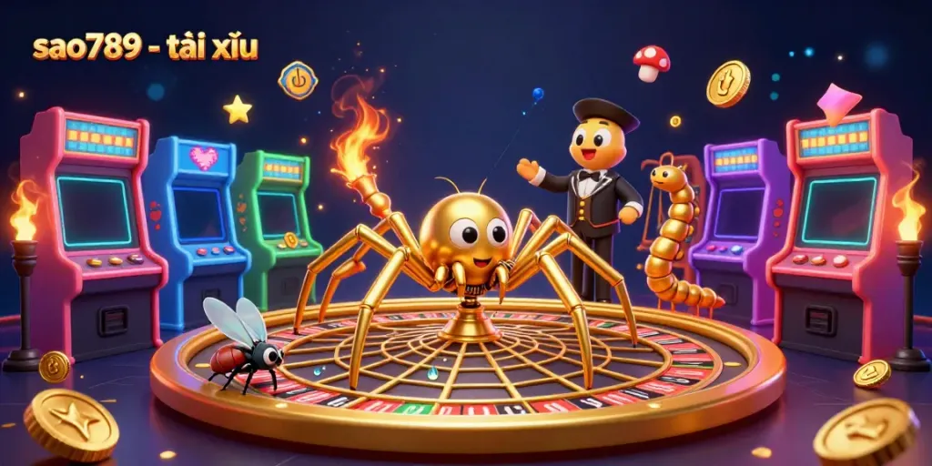 Experience the thrill of sao789 - tài xỉu with a golden spider and colorful gaming machines in a rich casino scene.