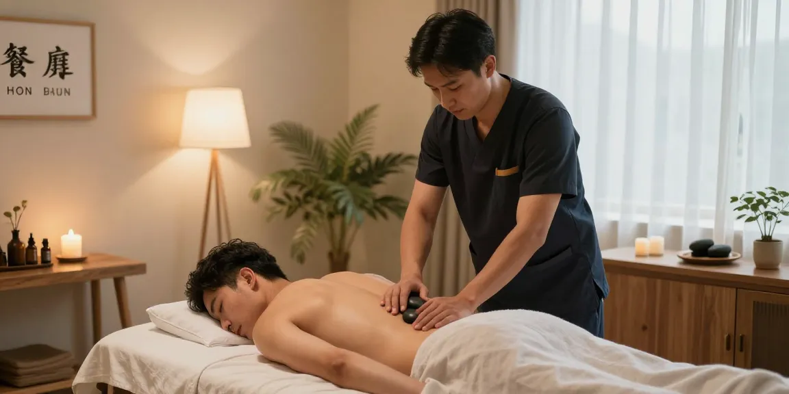 전주마사지로 편안한 마사지실과 남성 관리사가 준비하는 장면