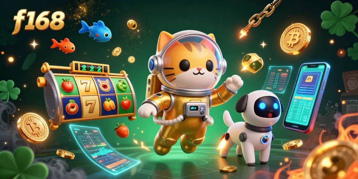 Experience thrilling jackpots with f168 in this vibrant 3D casino scene featuring an astronaut cat and robot dog.