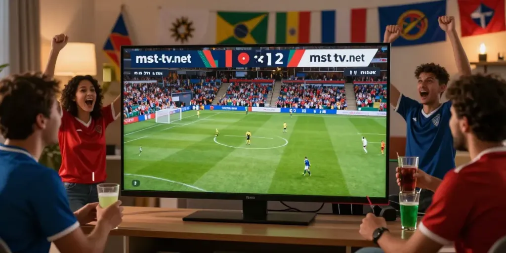 mst-tv.net에서 생중계되는 스포츠 경기를 시청하고 있는 팬들, 경기를 응원하는 모습.