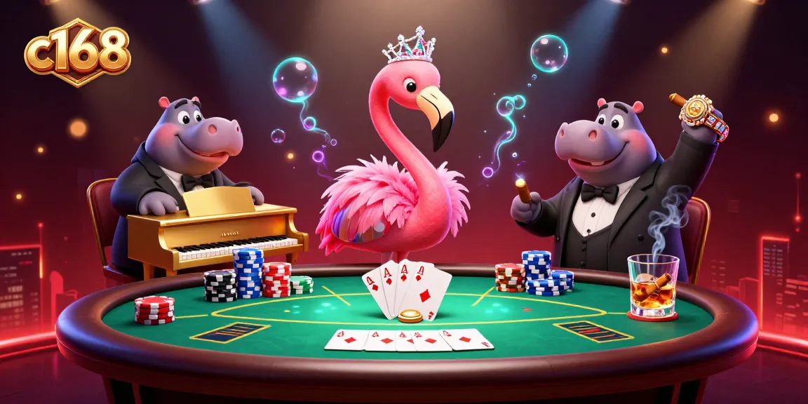 Engage with thrilling games at c168 as a flamingo singer and hippo bassist create an electrifying casino atmosphere.