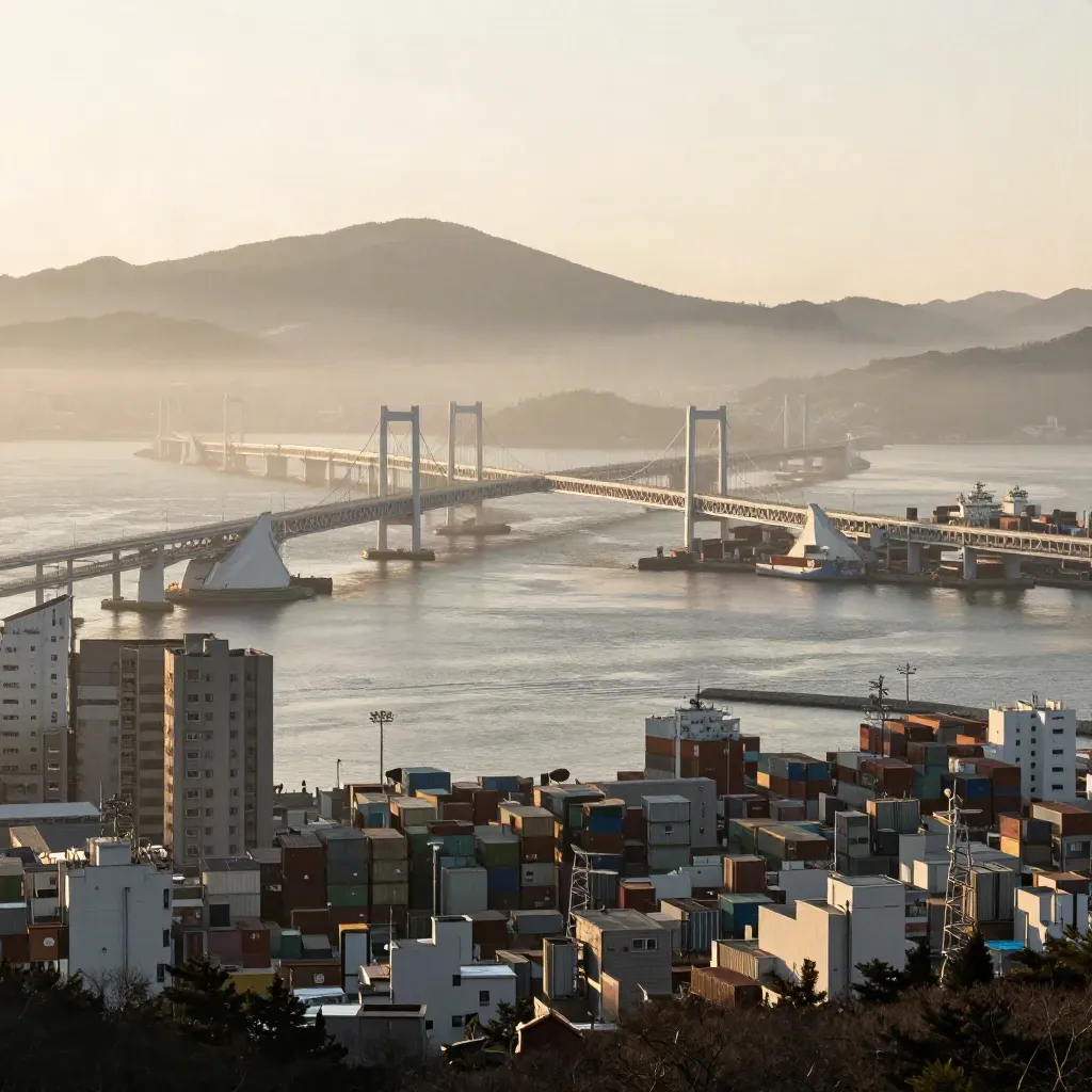 금빛 석양에 물든 부산·울산·경남 해안 조망과 다리, 항만, 안개가 겹친 풍경