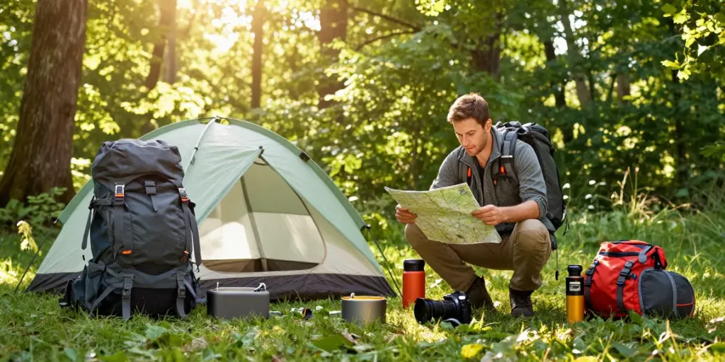 Engaging camping preparation scene featuring rokok88 gear in a forest.