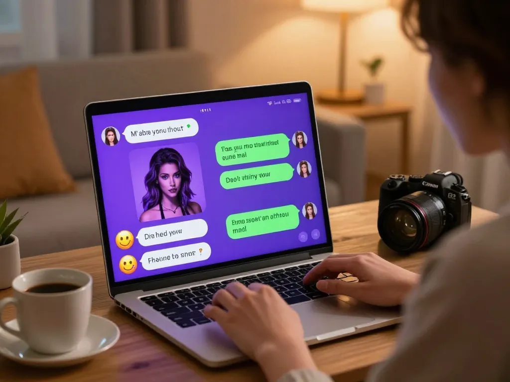 Interactive nsfw chat bot experience in a cozy workspace setting with vibrant graphics.