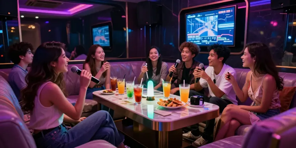 강남달토의 고급스러운 노래방 룸에서 친구들과 즐거운 시간을 보내는 모습
