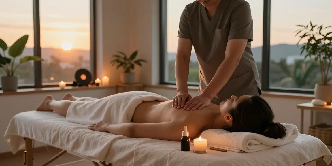 용인출장안마를 위한 편안한 마사지 서비스 제공 장면, 고요한 분위기에서 전문가의 마사지 준비 모습.