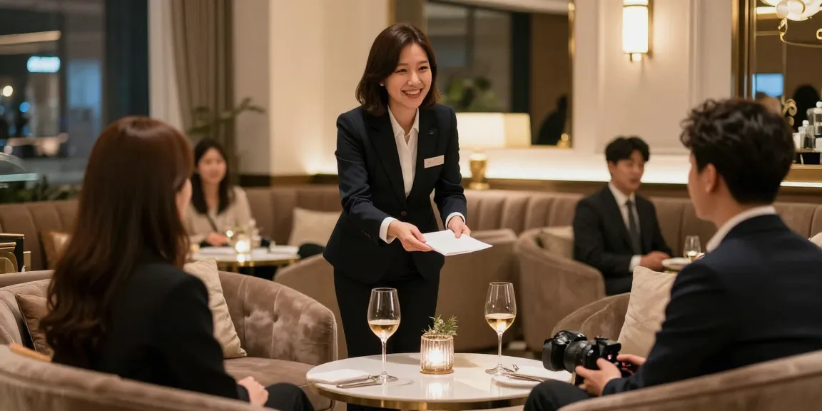 강남블랜딩의 고급스러운 라운지에서 손님을 맞이하는 매니저와 세련된 인테리어가 조화를 이루고 있습니다.