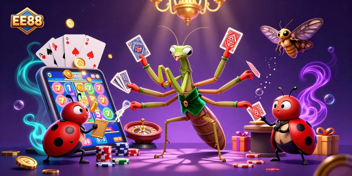 Engage with the vibrant world of EE88 gaming, featuring a cartoon praying mantis and a ladybug at the casino.