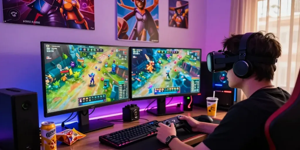 Engaged player navigating ROKOK88 gameplay with monitors displaying quests and strategies.