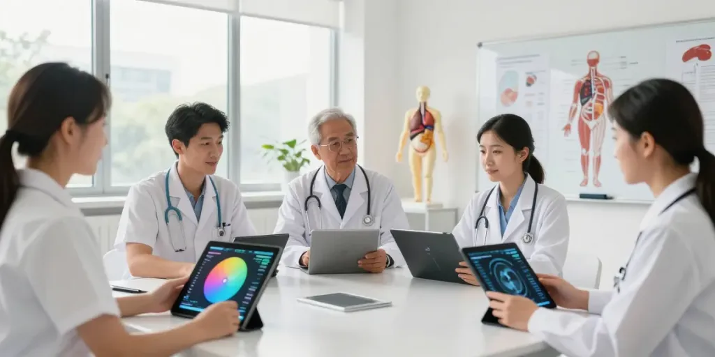 Healthcare professionals discussing rokok88 login and imaging techniques in a bright classroom setting.