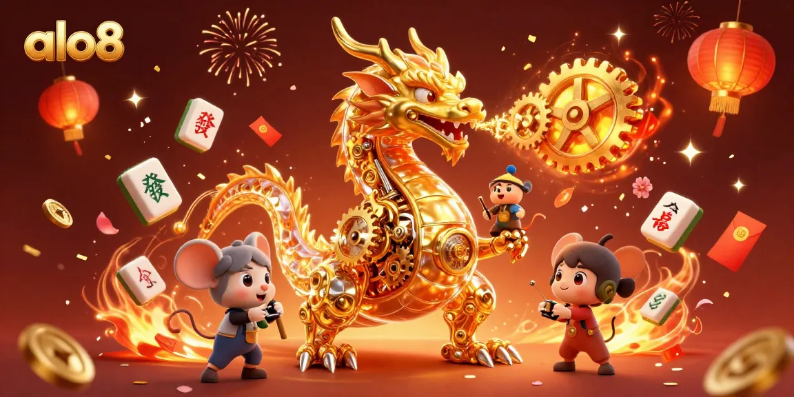 A dynamic scene showcasing gambling elements with a golden dragon for alo8, engaging players in a vibrant casino world.