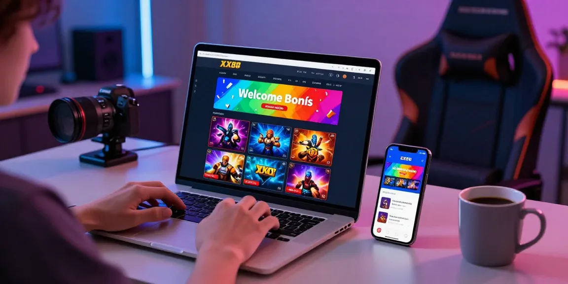 User engaging with XX88 gaming platform on laptop, showcasing modern interface and vibrant game graphics, Rr8i integration.