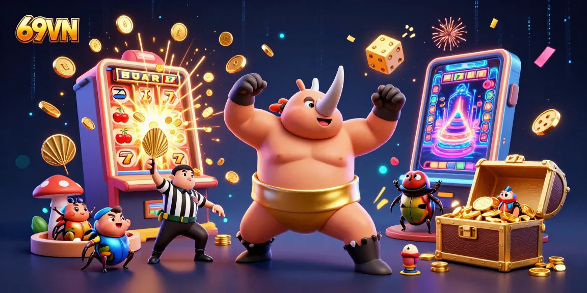 Experience exhilarating gaming excitement with 69VN, featuring lively characters and slot action.