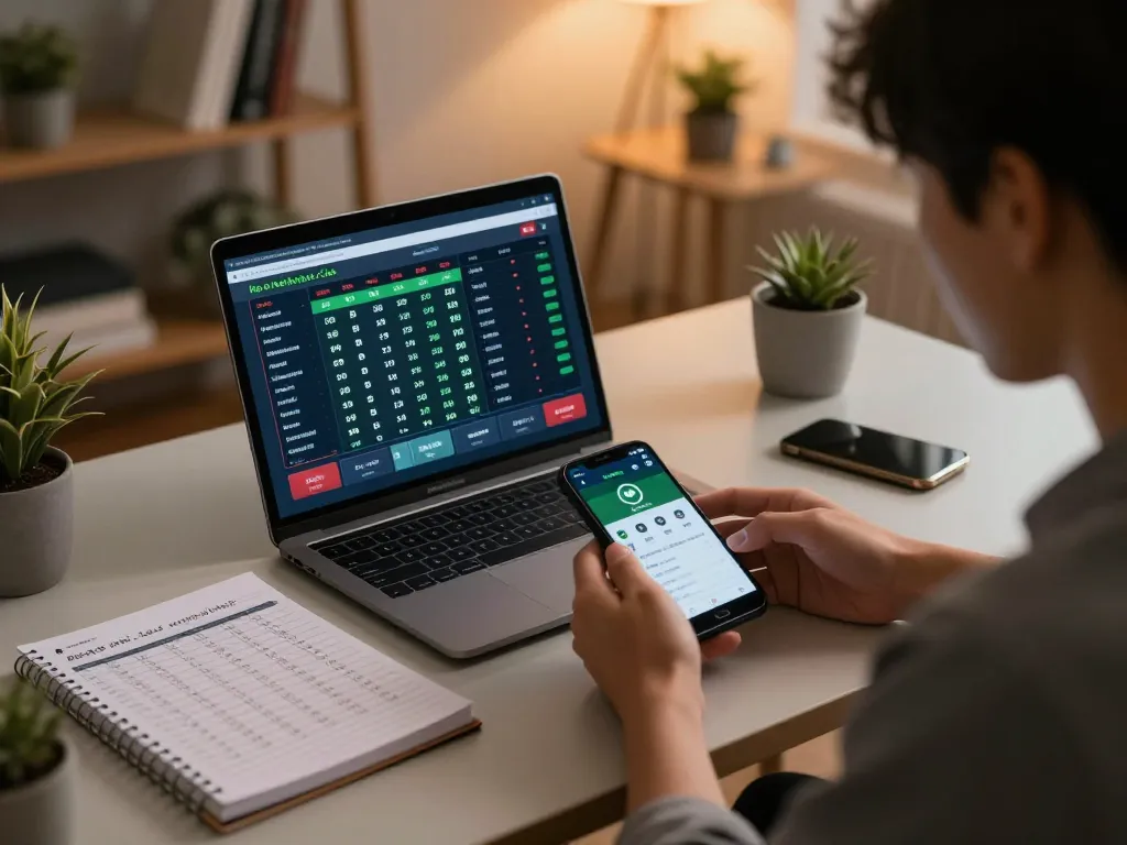 Engaged bettor analyzing kèo nhà cái 5 odds on laptop for strategic sports betting.