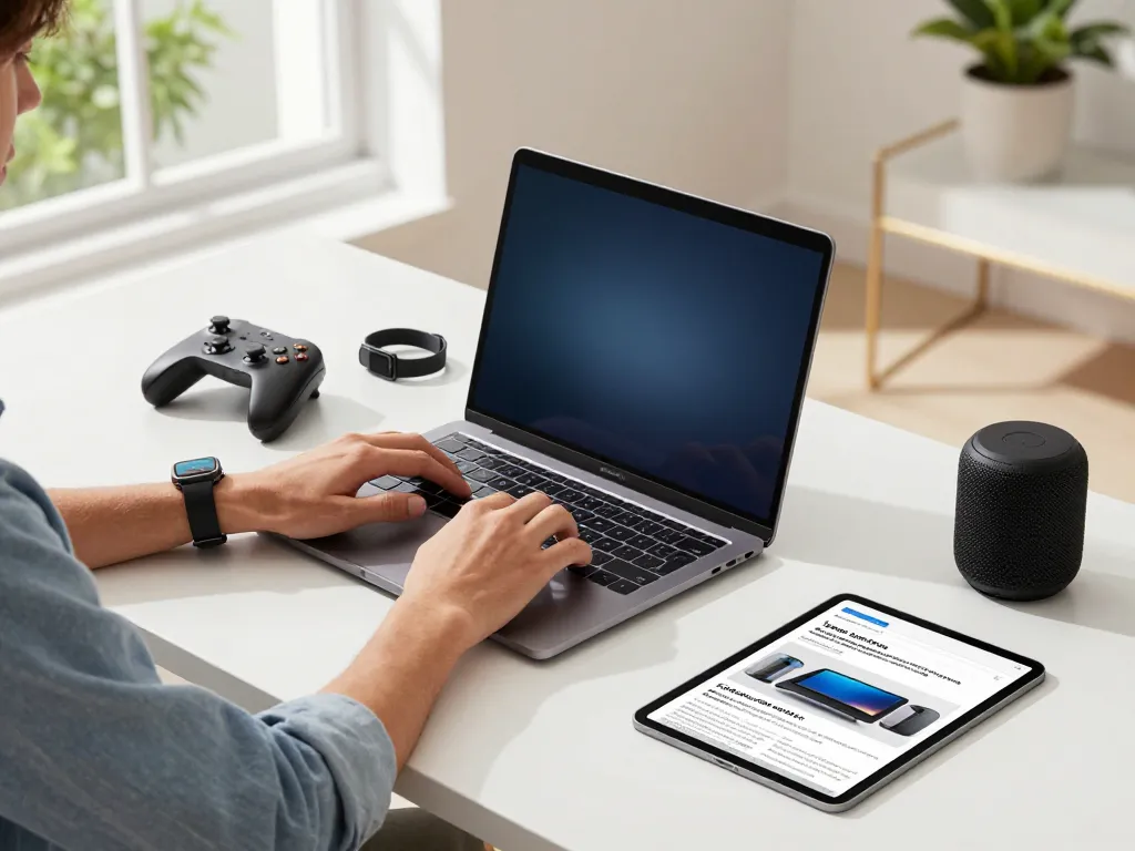 Exploring trending tech gadgets in a modern workspace with Bluetooth devices and a laptop.