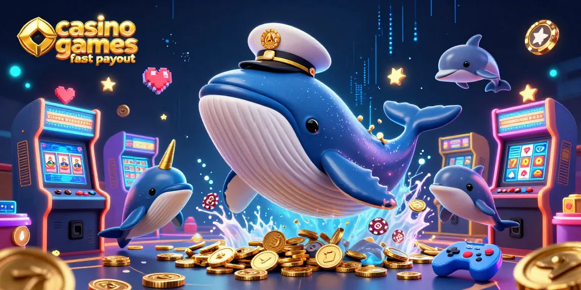 Engaging scene showcasing casino games fast payout with animated whale, narwhal, and dolphins among arcade game elements.