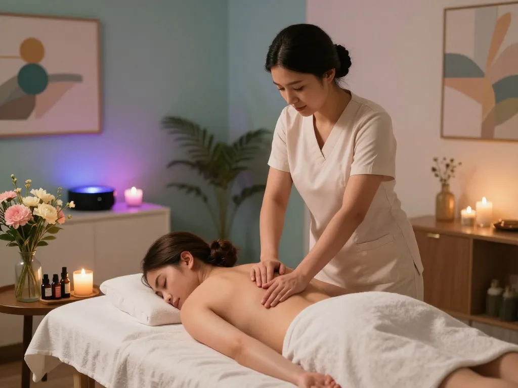 치료사가 오피스타 웰니스 센터에서 편안한 마사지를 제공하며, 고요한 장식과 차분한 분위기를 강조하고 있습니다.