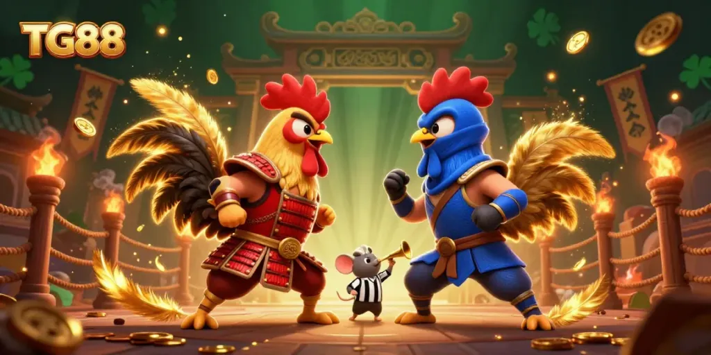 Experience an electrifying standoff at TG88 with 3D roosters, golden coins, and vibrant casino elements.