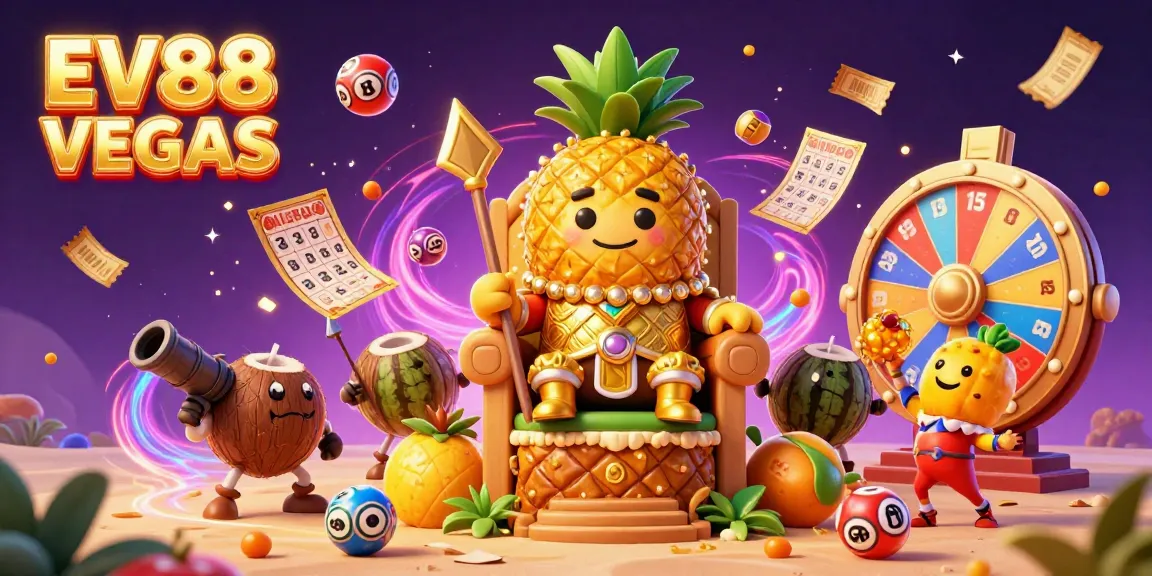 Engage with exciting gaming at EV88 VEGAS, featuring a vibrant casino scene with a golden pineapple king and dynamic elements.